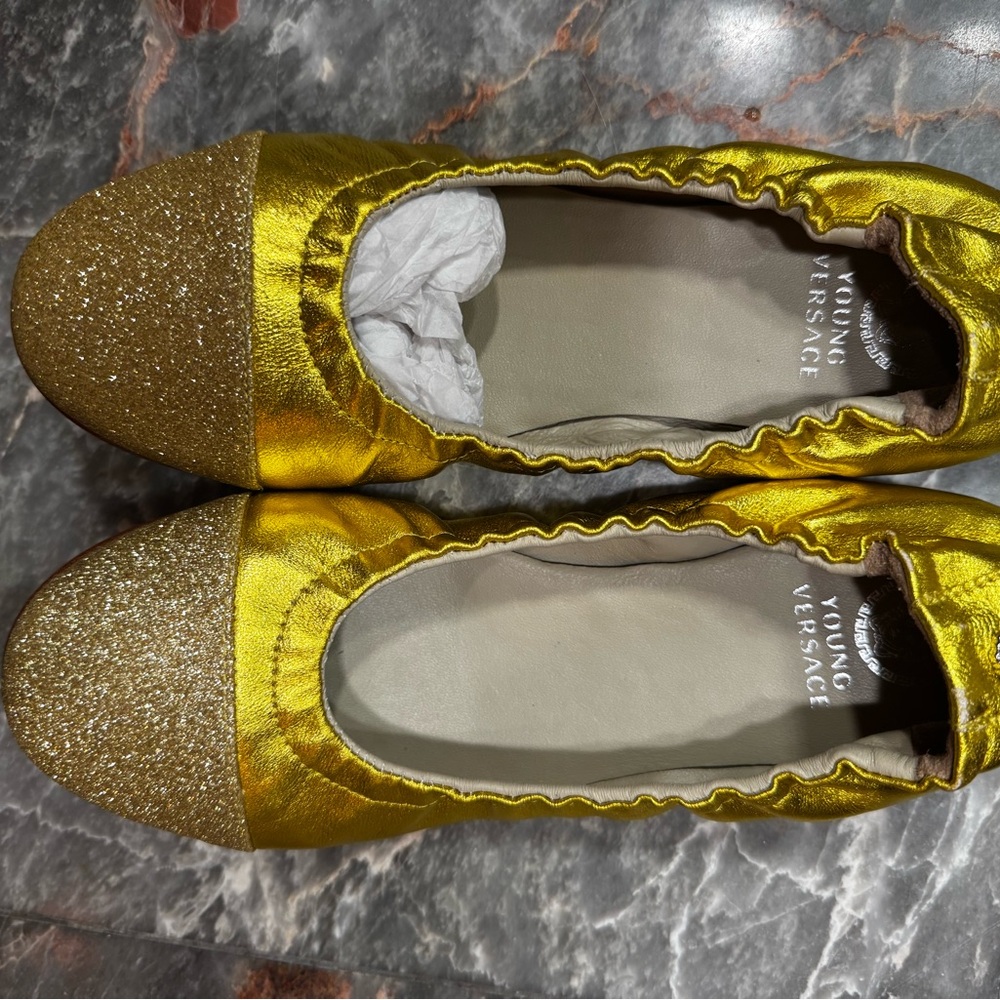 Versace Gold Glitter Flats with Patent Finish